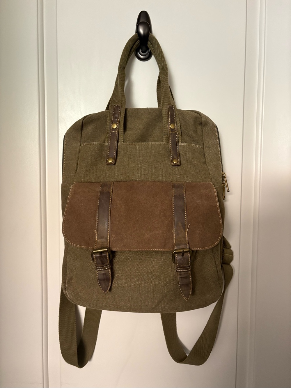 Cargoit Olive Canvas Cargo Backpack with Brown Leather